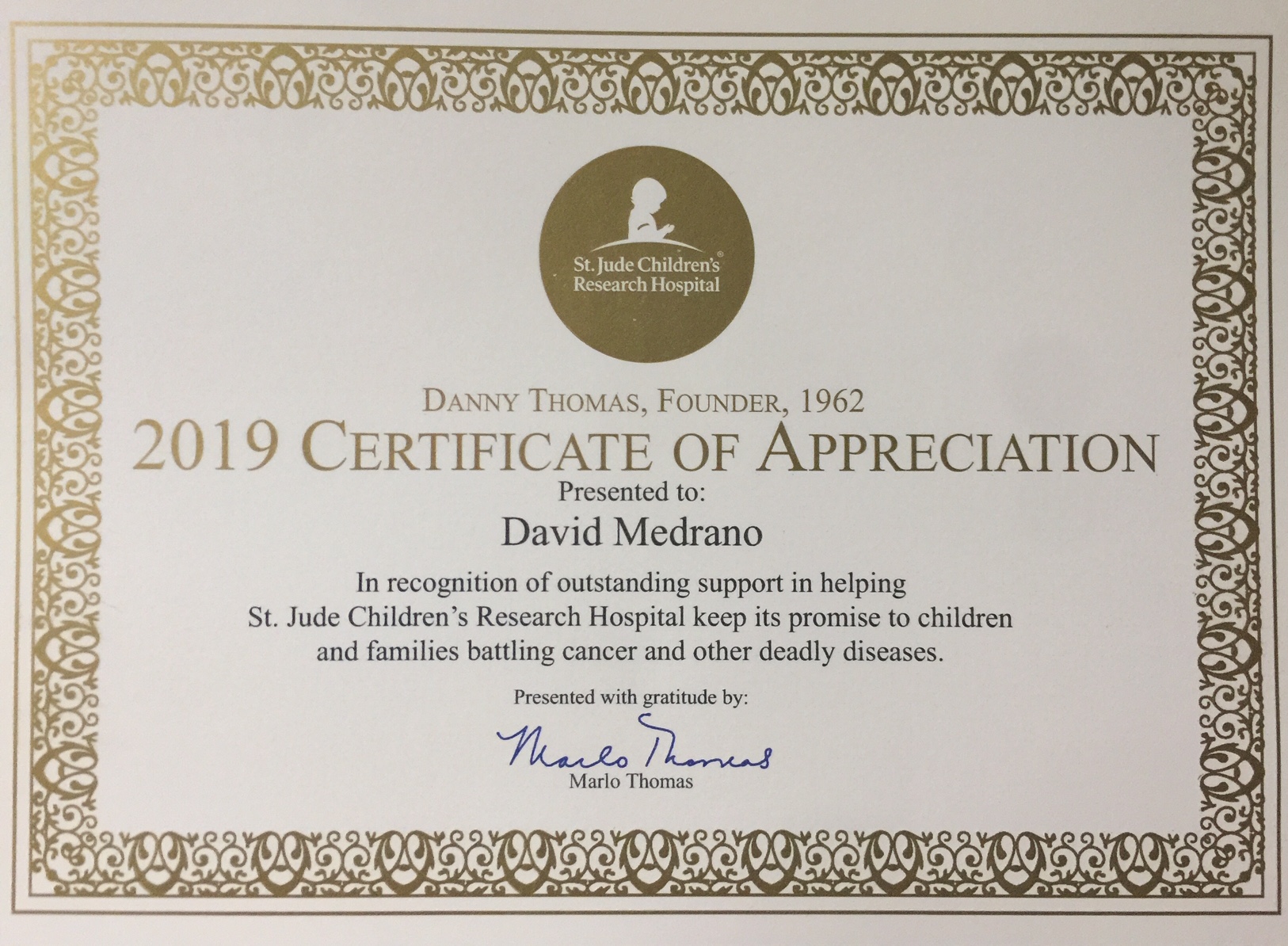 st. jude children's research hospital 2019 certificate of appreciation